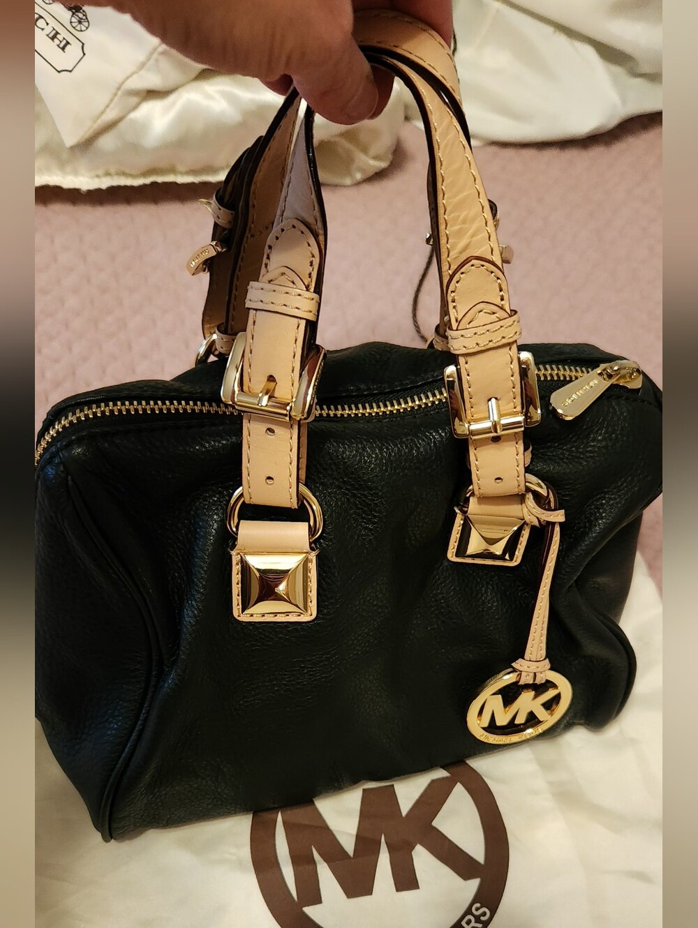Michael Kors Black Small Hand Leather Satchel with Beige Trim and Gold Hardware